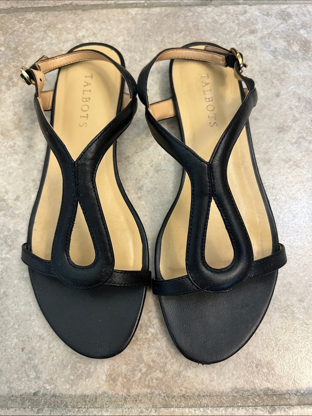 Talbots Black Leather key hole Sandals with Tan Insole